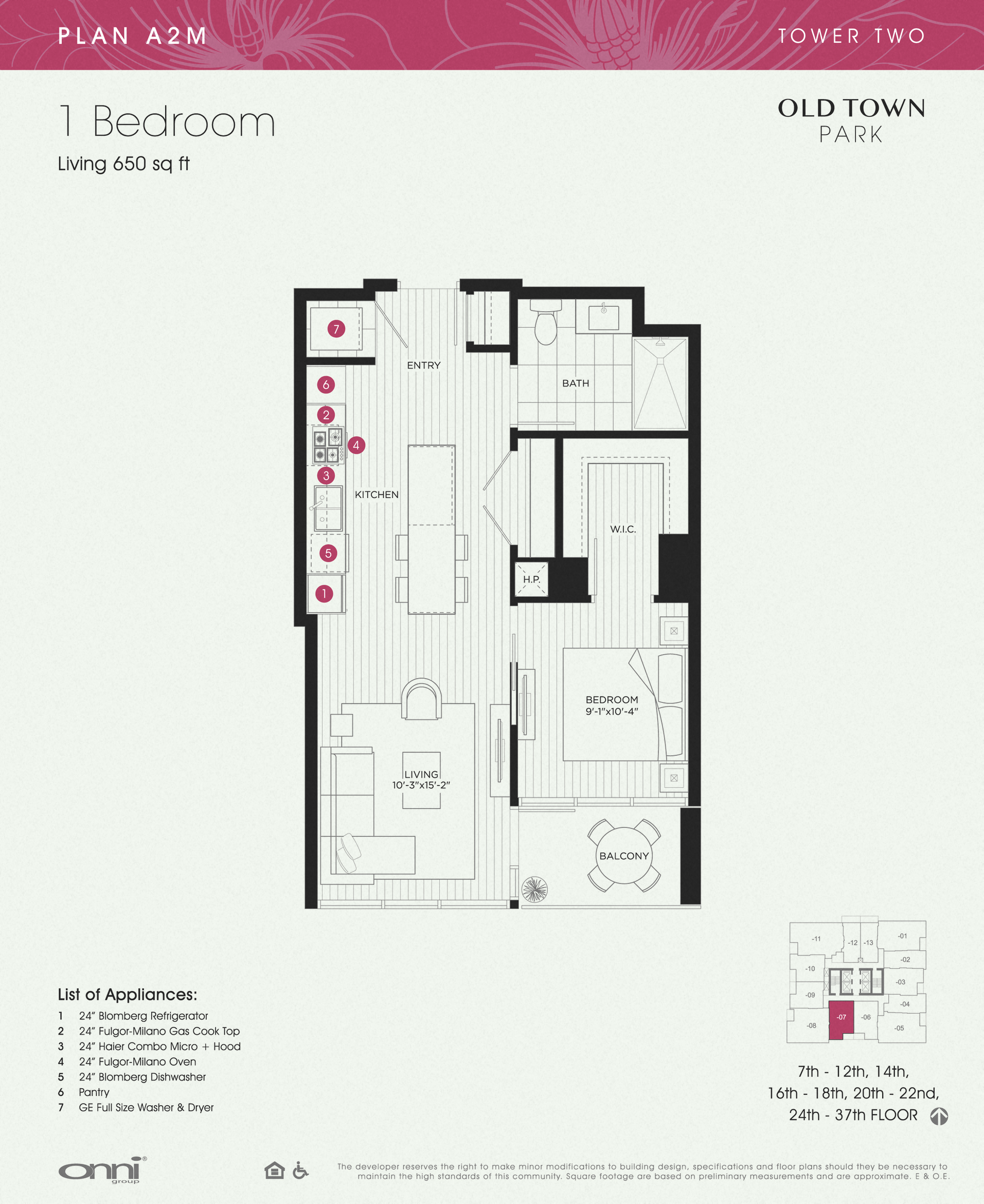 Floor plan for 1 bed, 1 bath, 650 sqft